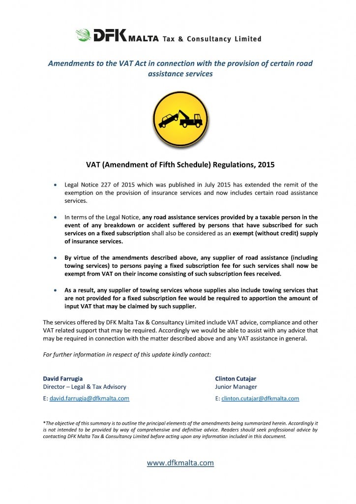 VAT - amendments (roadside assistance)